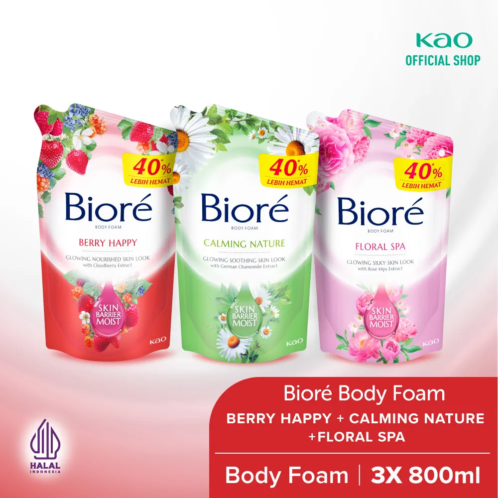 Biore Body Foam Sabun Mandi Berry Happy 800ml + Calming Nature 800ml + Floral Spa 800ml Pouch