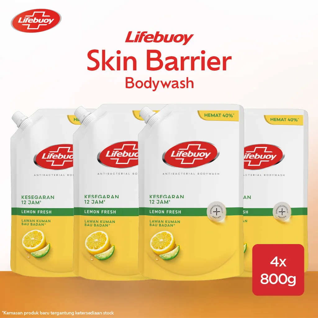 [LEBIH HEMAT 30%] Lifebuoy Sabun Mandi Cair Anti Bacterial Body Wash Lemon Fresh 100% Lebih Kuat Lawan Kuman, Kesegaran 12 Jam 800 mL x4