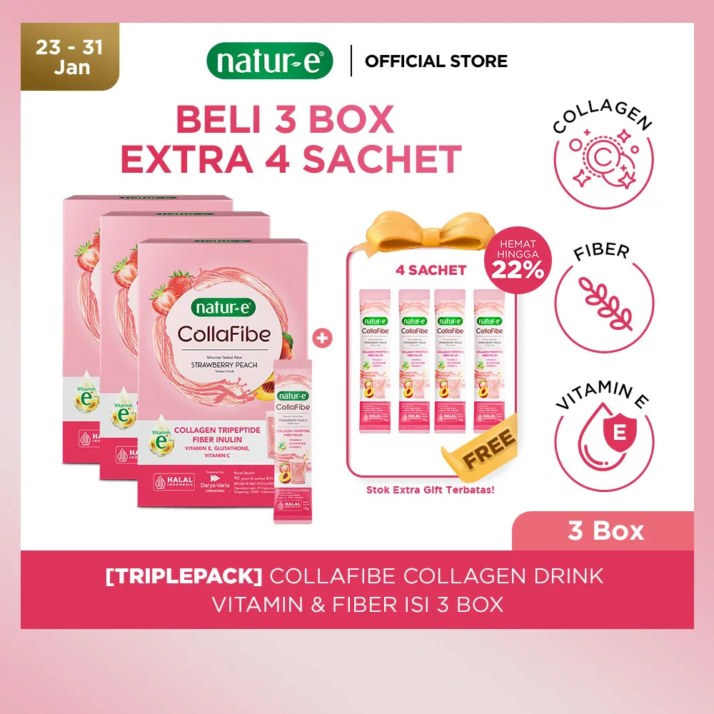 Natur-E Triplepack CollaFibe - Collagen Drink with Vitamin E & Fiber 3 Box - Gummy dengan Collagen, Vitamin E & Biotin - Membantu Menjaga Kesehatan Kulit dari Dalam
