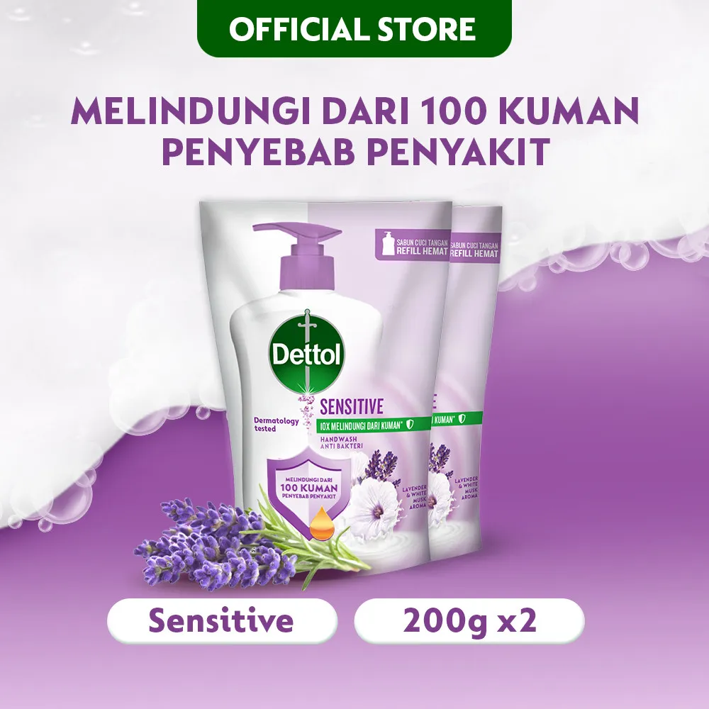Dettol Sabun Cuci Tangan Sensitive Anti Bakteri 200gr (2 pcs) Refill - Hand Wash