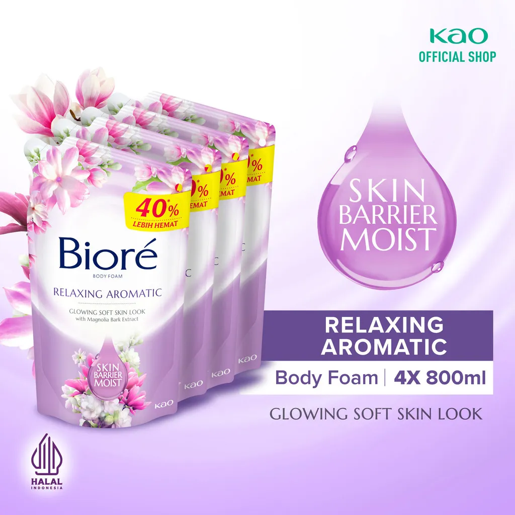 Biore Body Foam Sabun Mandi Cair Relaxing Aromatic Pouch 800ml Fourpack