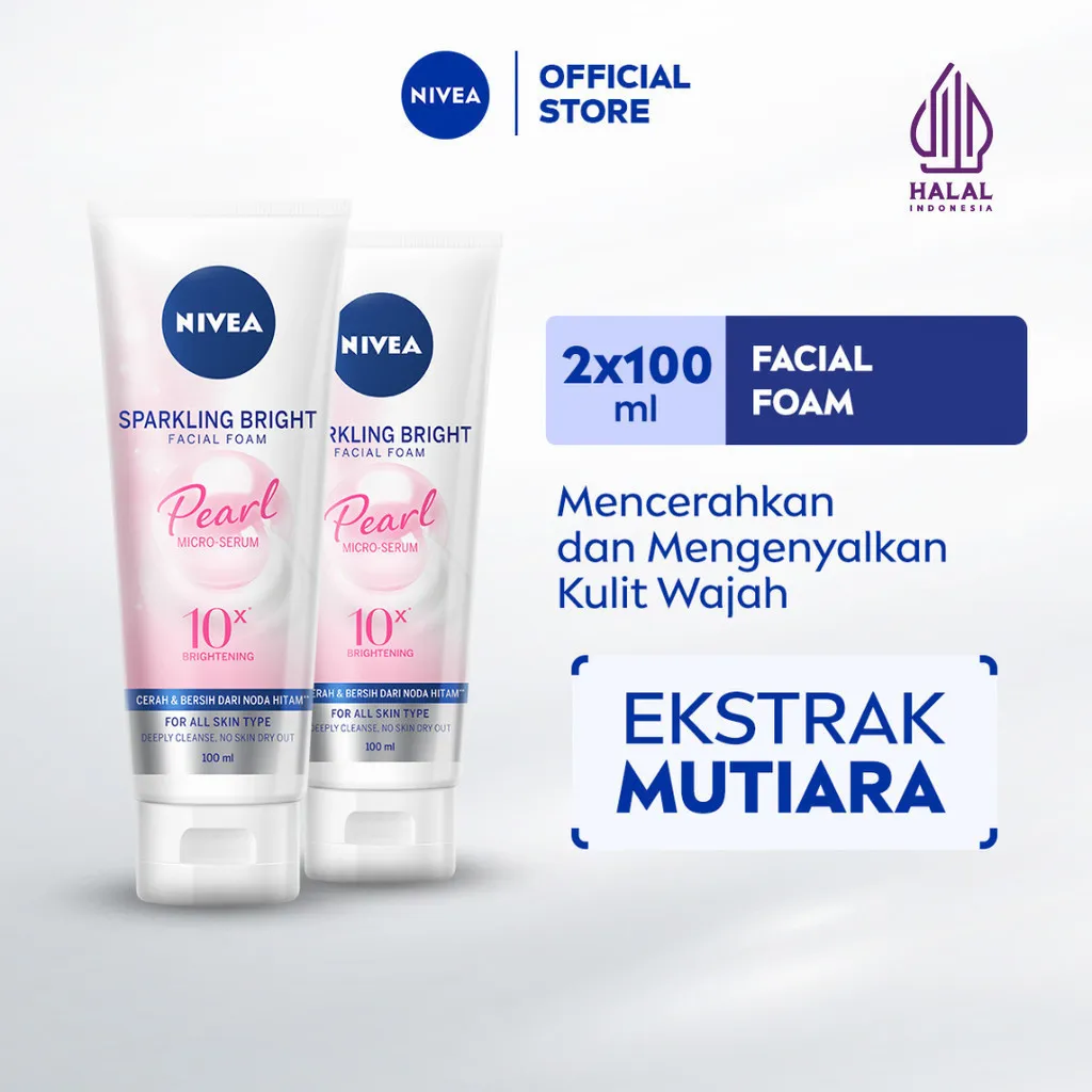(PAKET HEMAT ISI 2) NIVEA Facial Foam Sparkling Bright 100ml - Sabun cuci muka wanita mencerahkan brightening glowing kulit kenyal bintik hitam brightening kulit kusam cleanser facial wash wajah cerah - Pearl Micro Serum, Rucinol, Licorice, Vitamin C