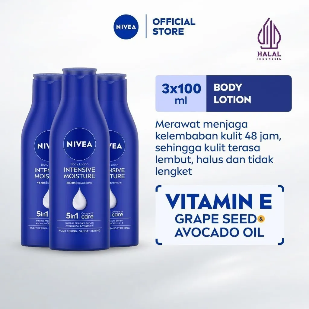 (PAKET HEMAT ISI 3) NIVEA Body Lotion Intensive Moisture 100ml - Hand body lotion mositurizer 48 jam body care kulit kering kasar bersisik pecah-pecah memperbaiki skin barrier pelembab melembutkan badan - Vitamin E, Grapeseed oil, Avocado oil, Hydra IQ
