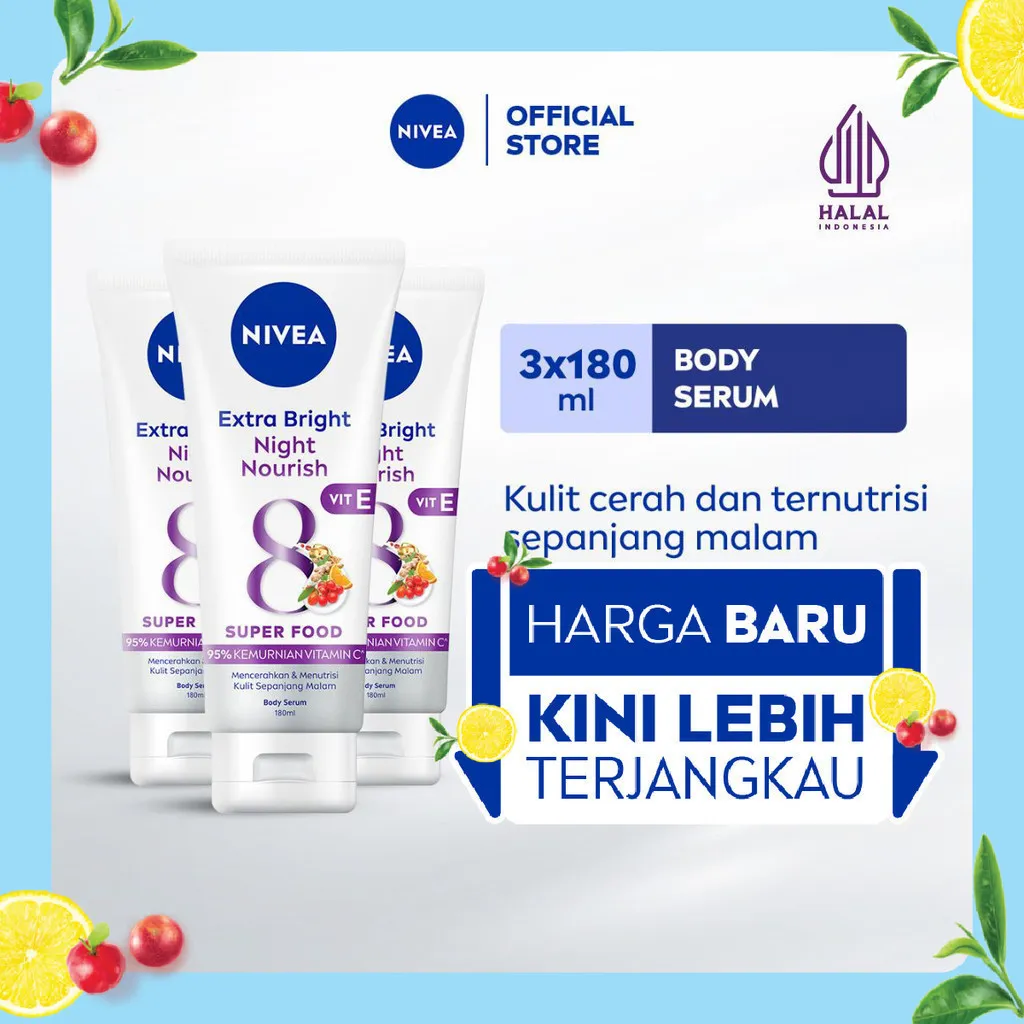 (PAKET HEMAT ISI 3) NIVEA Body Serum Extra Bright Night Nourish Vit E 180ml - Hand body serum moisturizer mencerahkan kulit kusam cerah badan glowing brightening dan melembabkan kering pagi malam day & night - 95% Vitamin C, Grapeseed oil, 8 Super food