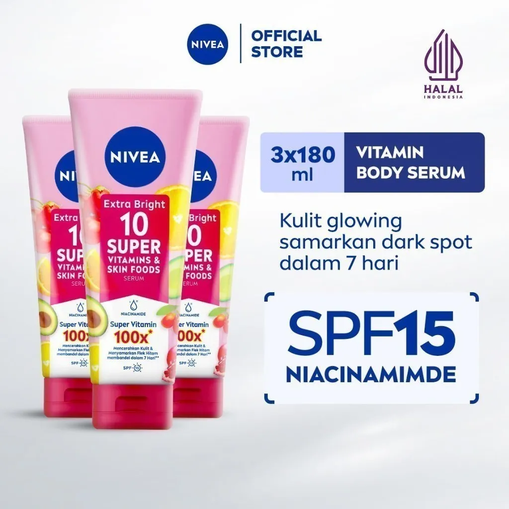(PAKET HEMAT ISI 3) NIVEA Body Serum Extra Bright 10 Super Vitamins SPF15 180ml - Hand body serum moisturizer menyamarkan noda flek hitam dark spot mencerahkan kulit kusam badan glowing brightening tone up lembap - 10x Vitamin C, Niacinamide, Pomegranate