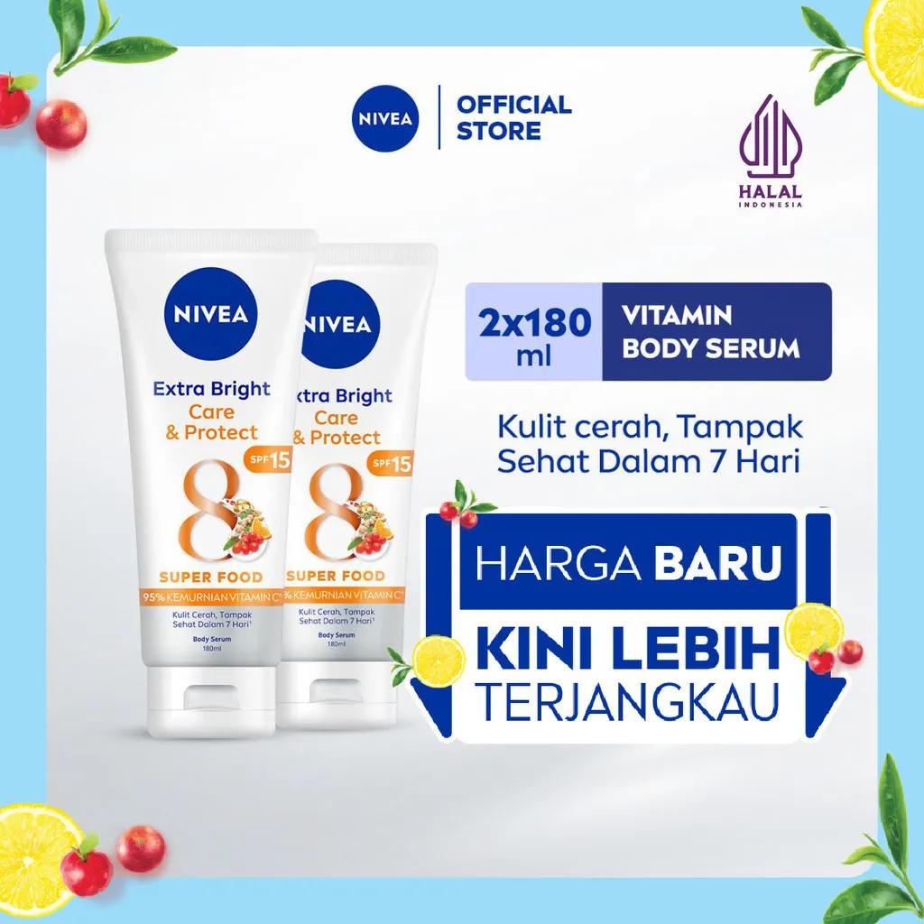 (PAKET HEMAT ISI 2) NIVEA Body Serum Extra Bright Care & Protect SPF 15 180ml - Hand body serum lotion moisturizer mencerahkan kulit kusam badan glowing brightening tone up melembabkan kering SPF UV matahari - 95% Vitamin C, Grapeseed Oil, 8 Super food