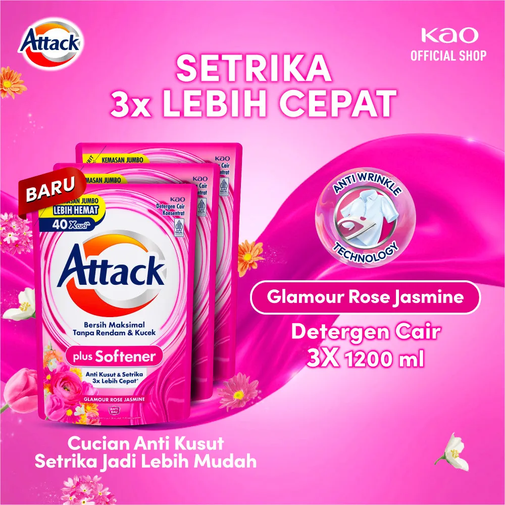 Attack Plus Softener Deterjen Cair Semua Mesin Cuci 1200mL Triple Pack