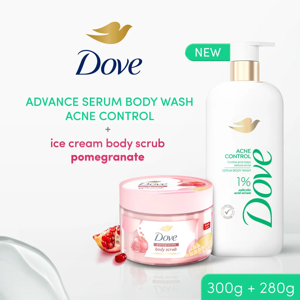[SPECIAL SET] Dove Advanced Serum Acne Control Body Wash - Sabun Mandi Cair untuk Mengatasi Jerawat Tubuh 300G + Dove Ice Cream Body Scrub Pomegranate Balanced Soft Vitamin E Complex 280G - Lulur Badan untuk Meratakan Warna Kulit