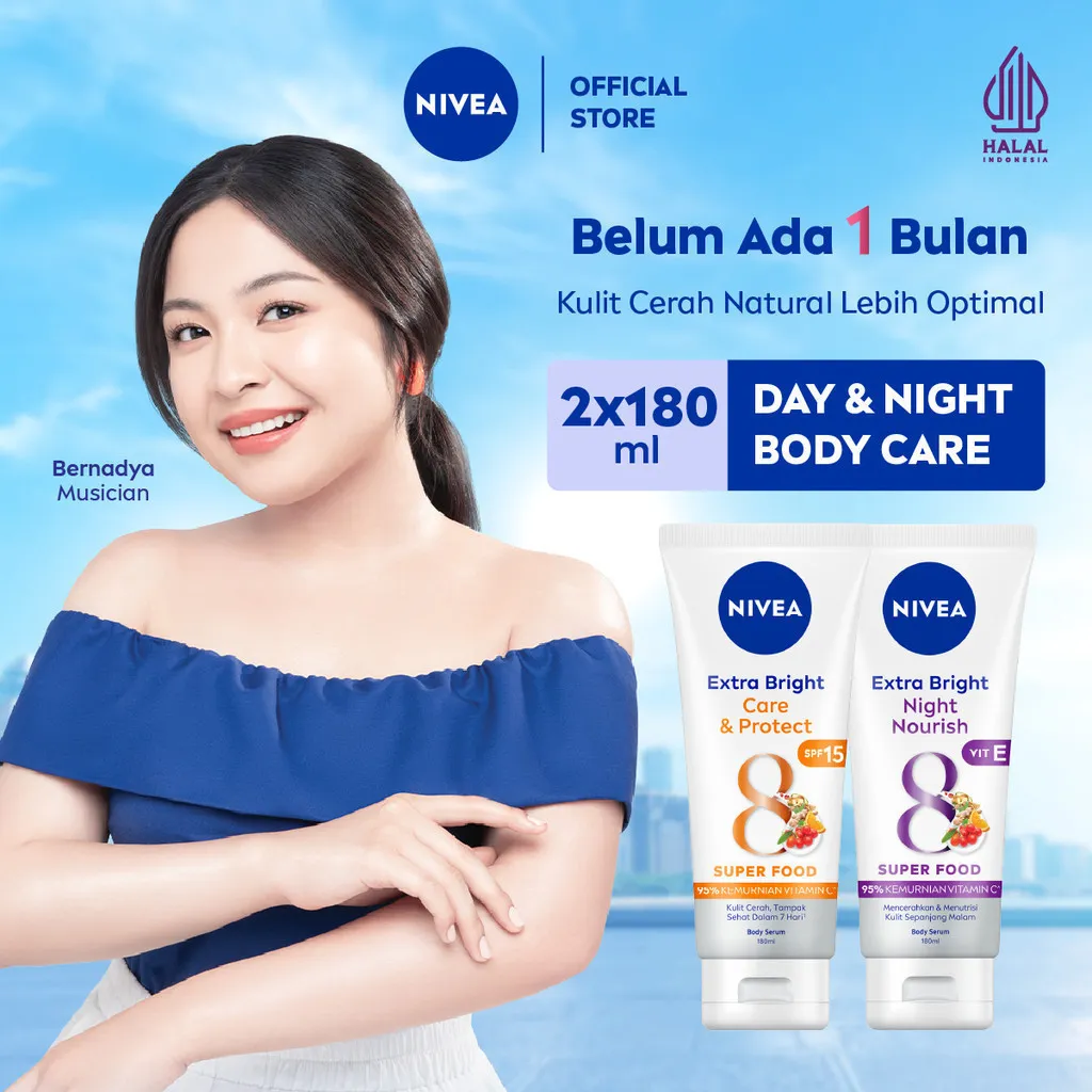 NIVEA Body Serum Extra Bright Day & Night (Care & Protect + Night Nourish) 180ml x2 - Merawat & mencerahkan kulit di pagi & malam