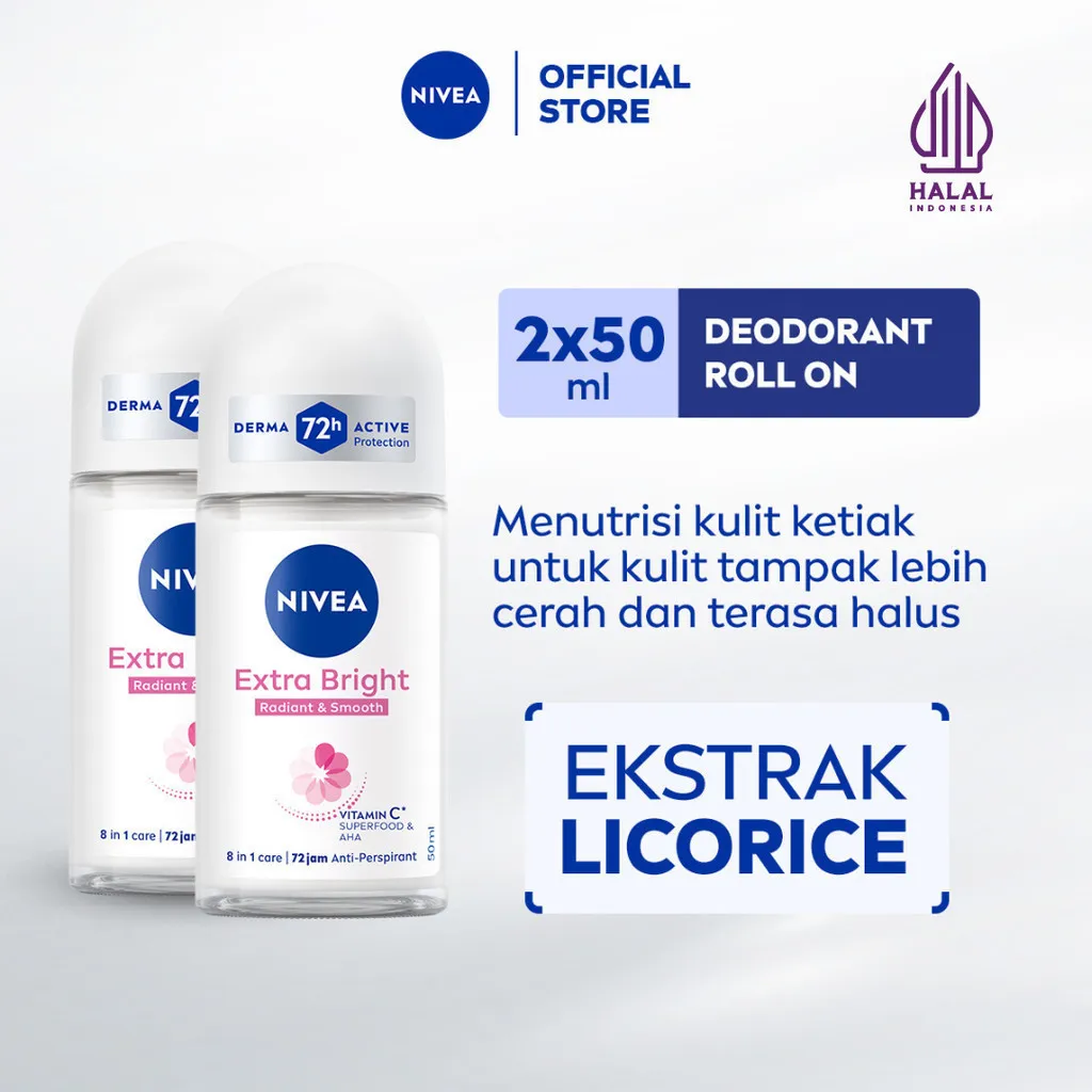 (PAKET HEMAT ISI 2) NIVEA Deodorant Roll On Extra Bright Radiant & Smooth 50ml - Deodoran wanita mencerahkan ketiak brightening glowing wangi segar seharian anti bau badan keringat - Vitamin C, Ekstrak Licorice, 0% alkohol cocok semua jenis kulit