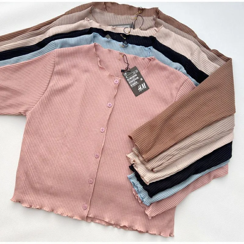 DUNKPA Cardigan Outer Korean Style Wafer Crop Top Pinned Long Sleeve