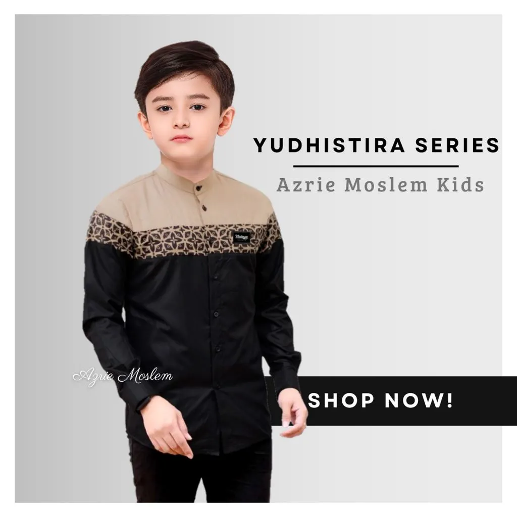 NATAYA Baju Koko Muslim Anak Laki Laki Kombinasi Batik Warna Hitam Usia 5-12 Tahun Motif Yudhistira