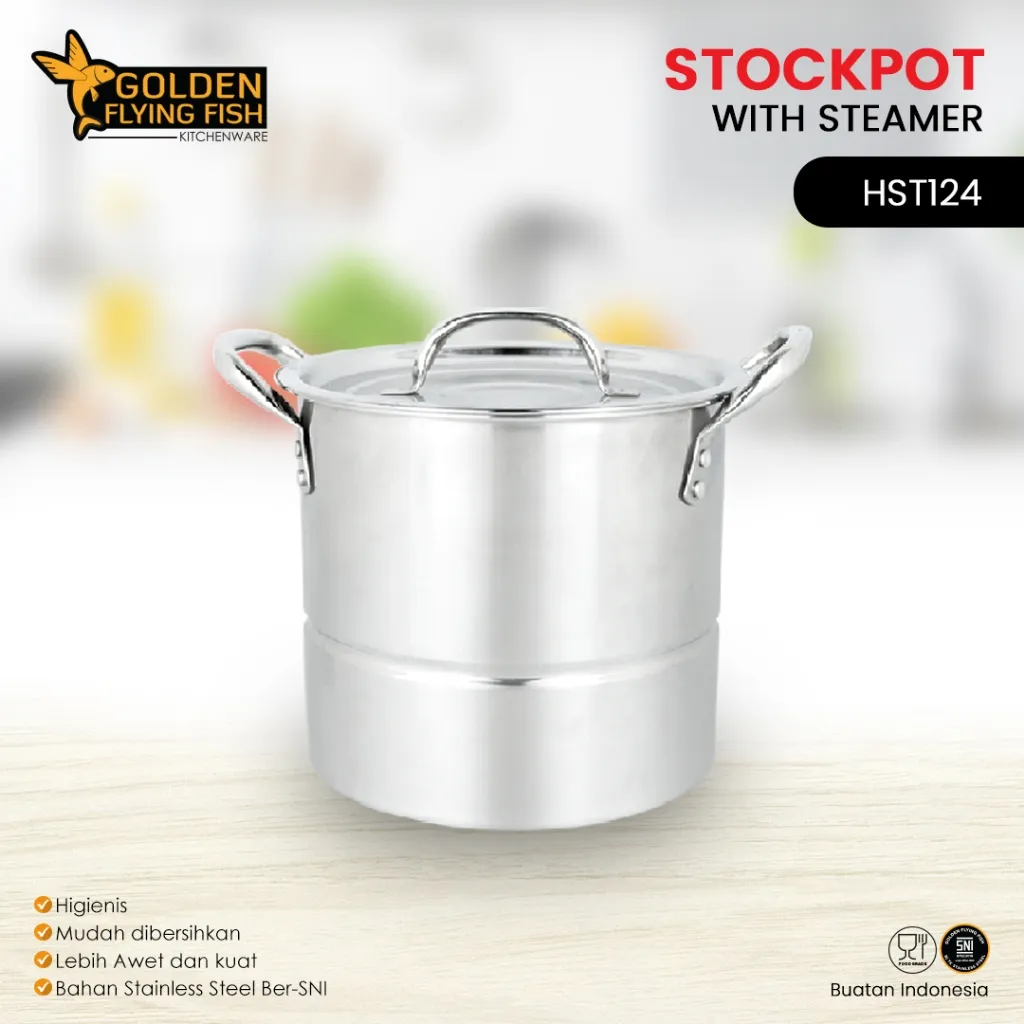 Arawana Houseware Stock Pot + Steamer Stainless Steel 24cm , HST124 Golden Flying Fish