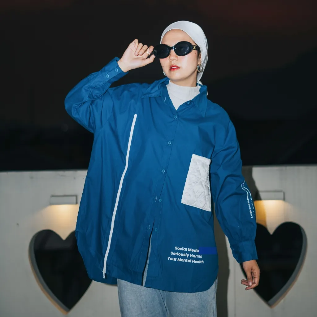 Counique Atasan Kemeja Wanita Oversized lengan Panjang Biru Turkis Navis LD 120