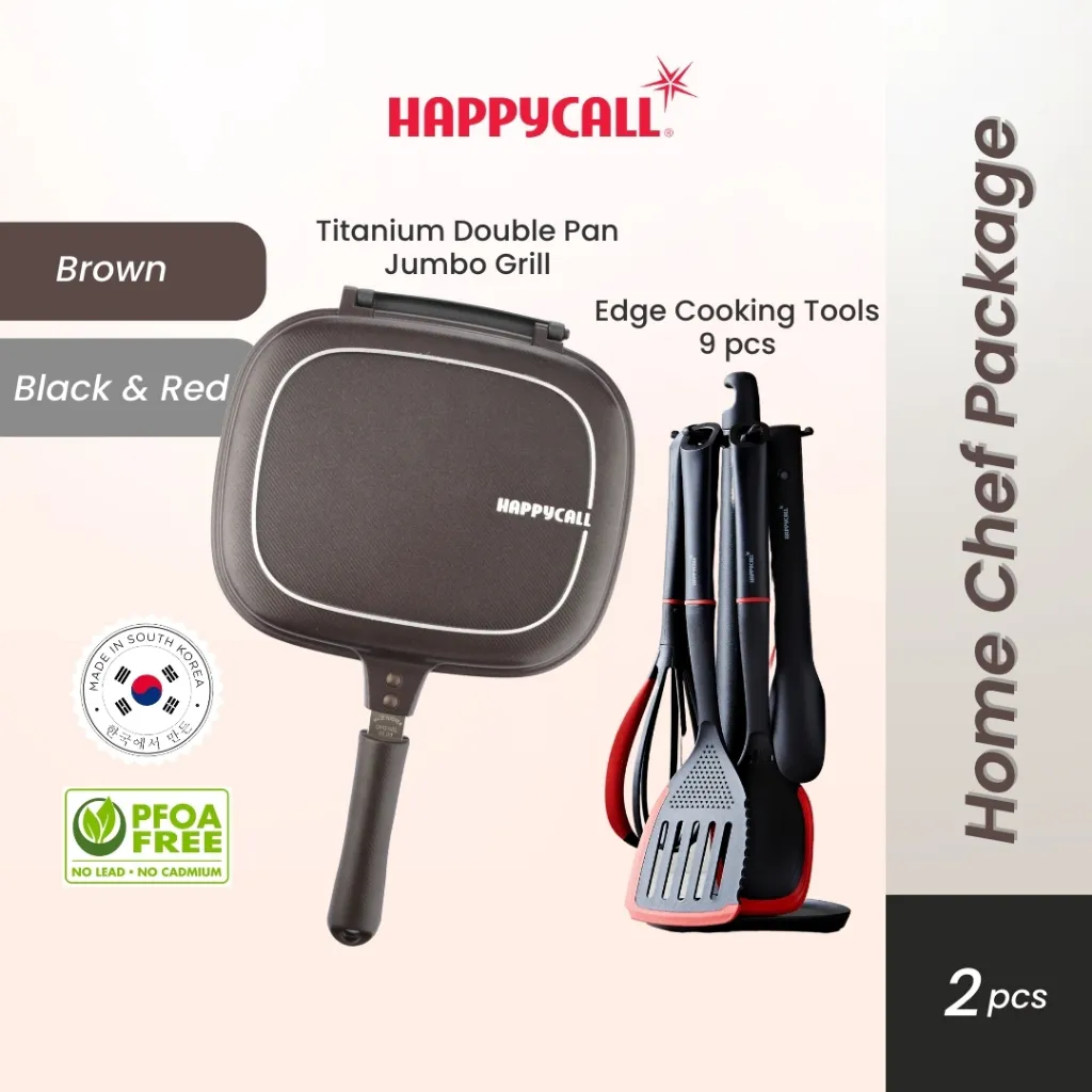 Happycall Home Chef Package (Titanium Double Pan Jumbo Grill & Edge Cooking Tools 9pcs) - Alat Panggang Dua Sisi dan Alat Masak Spatula