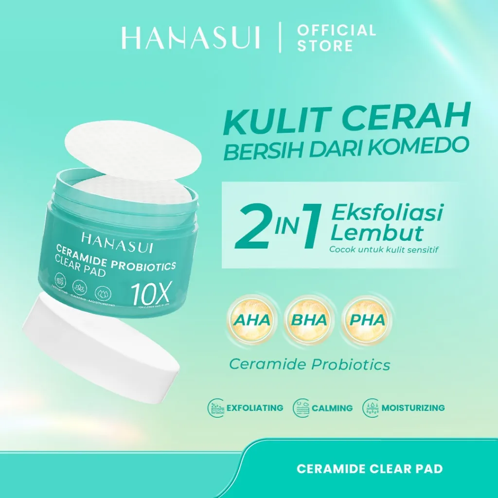 Hanasui Ceramide Probiotics Clear Pad - Kapas 2in1 Eksfoliasi Lembut Perbaiki Skin Barrier Mencerahkan  dan Angkat Sel Kulit Mati Komedo