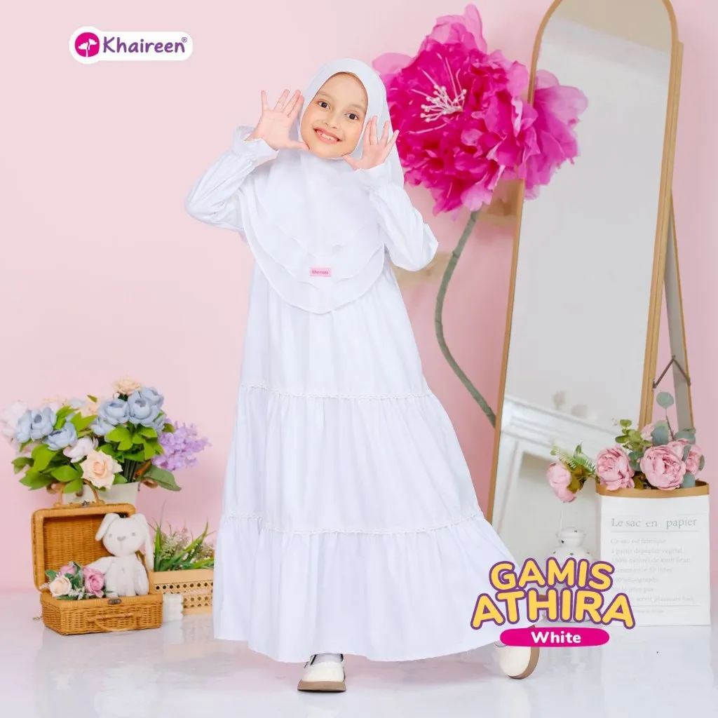 KHAIREEN Gamis Athira (3-14 Tahun) Gamis Anak Set Hijab Gamis Katun Putih Polos Sekolah Anak SD
