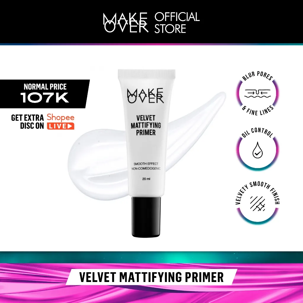 MAKE OVER Velvet Mattifying Primer - Primer matte mengecilkan pori oil-control cocok kulit berminyak tidak berwarna membuat makeup lebih tahan lama base makeup non-comedogenic Lebaran Raya