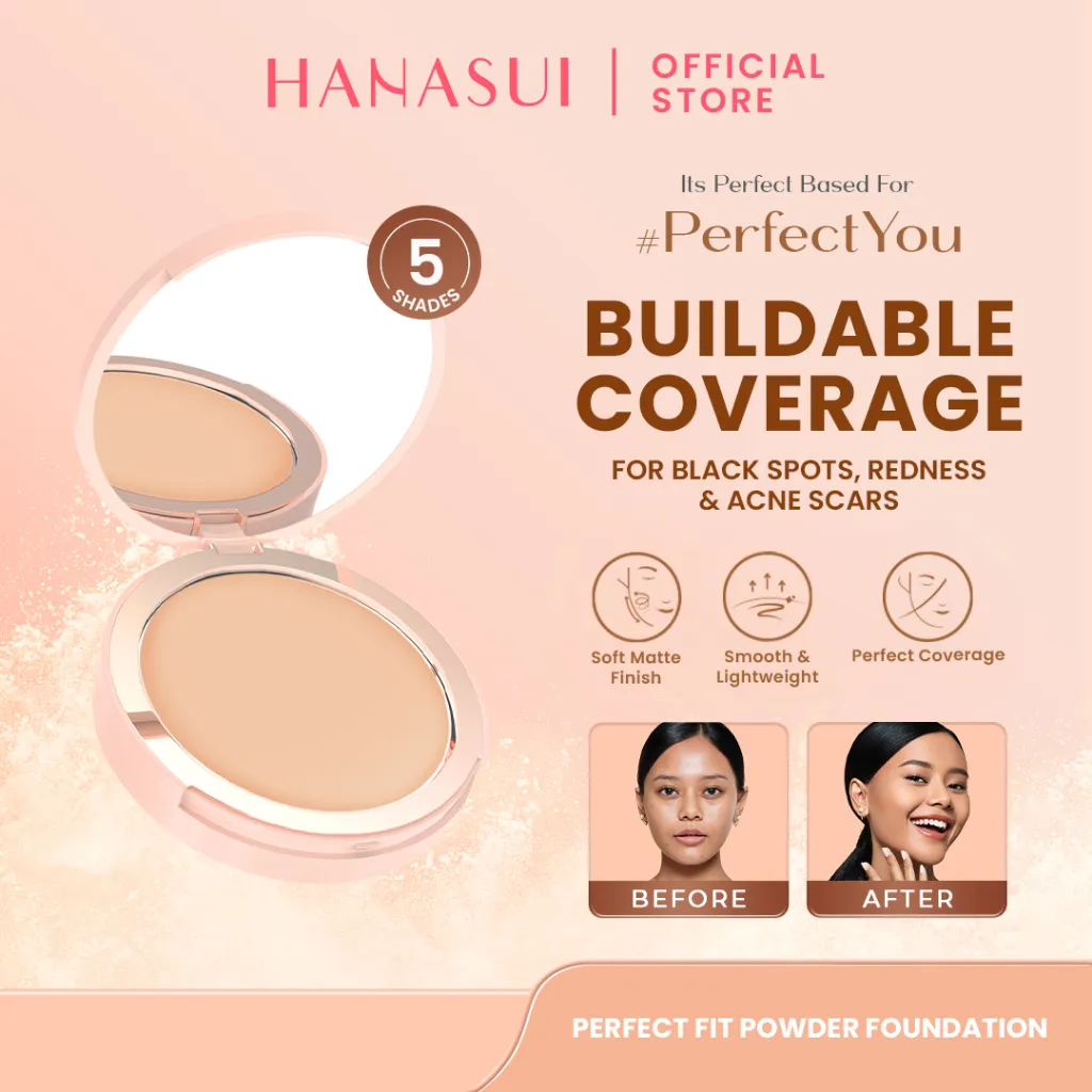 Hanasui Perfect Fit Powder Foundation - Bedak Padat Compact Powder Perfect Coverage Ringan dan Tahan Lama