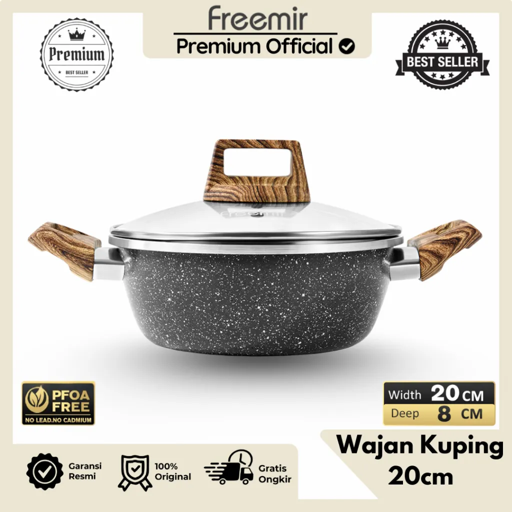 [PREMIUM] freemir Premium Wanci 20 Cm Wajan Panci Lapisan Marble Granit Anti Lengket Tutup Kaca