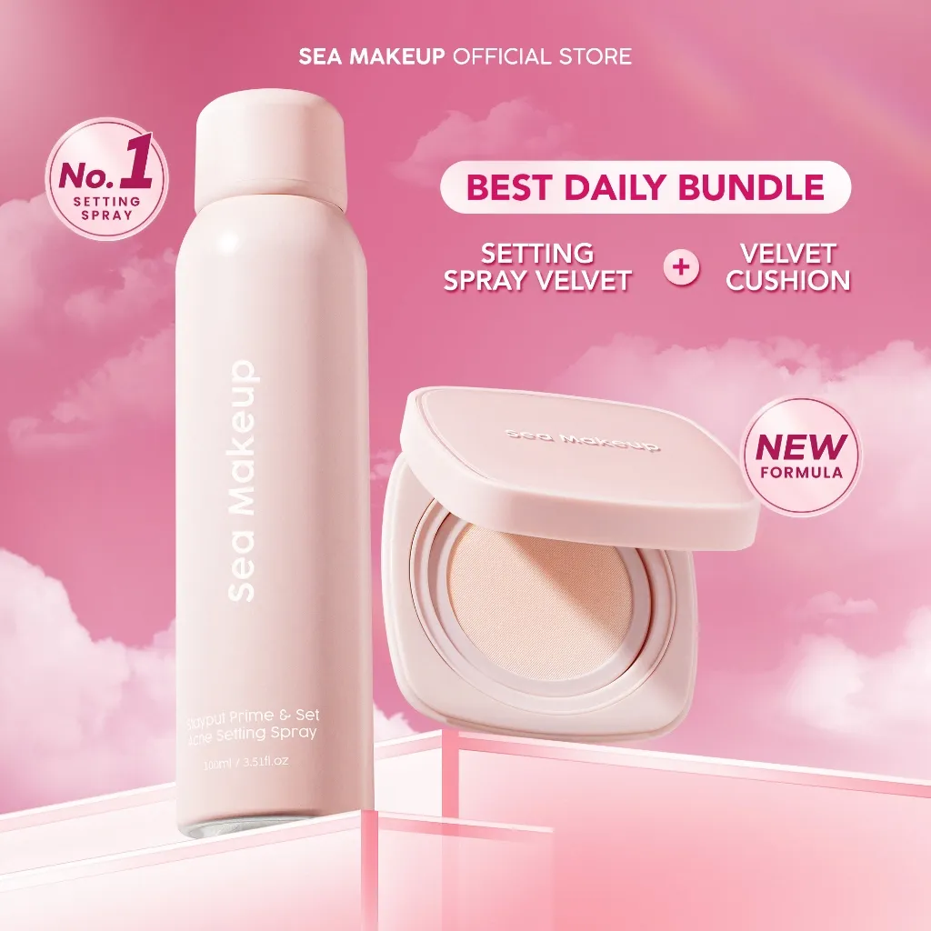 Sea Makeup Best Daily Bundle – Paket Alat Makeup Lengkap 1 Set: Setting Spray Velvet-Matte + New Velvet Cushion, Alas Bedak Tahan Lama & Hemat