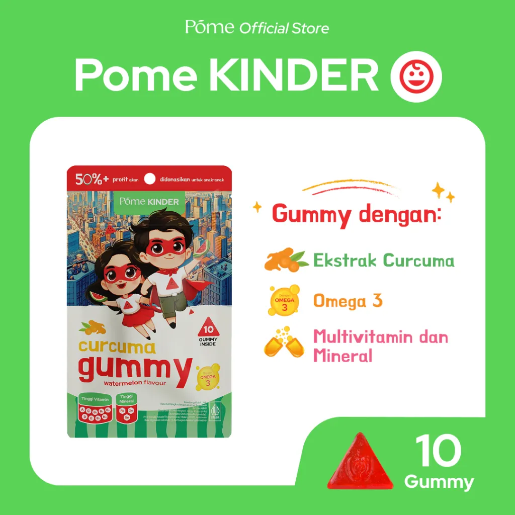 Pome KINDER - Gummy rasa semangka dengan Ekstrak Curcuma, Omega 3, Multivitamin & Mineral
