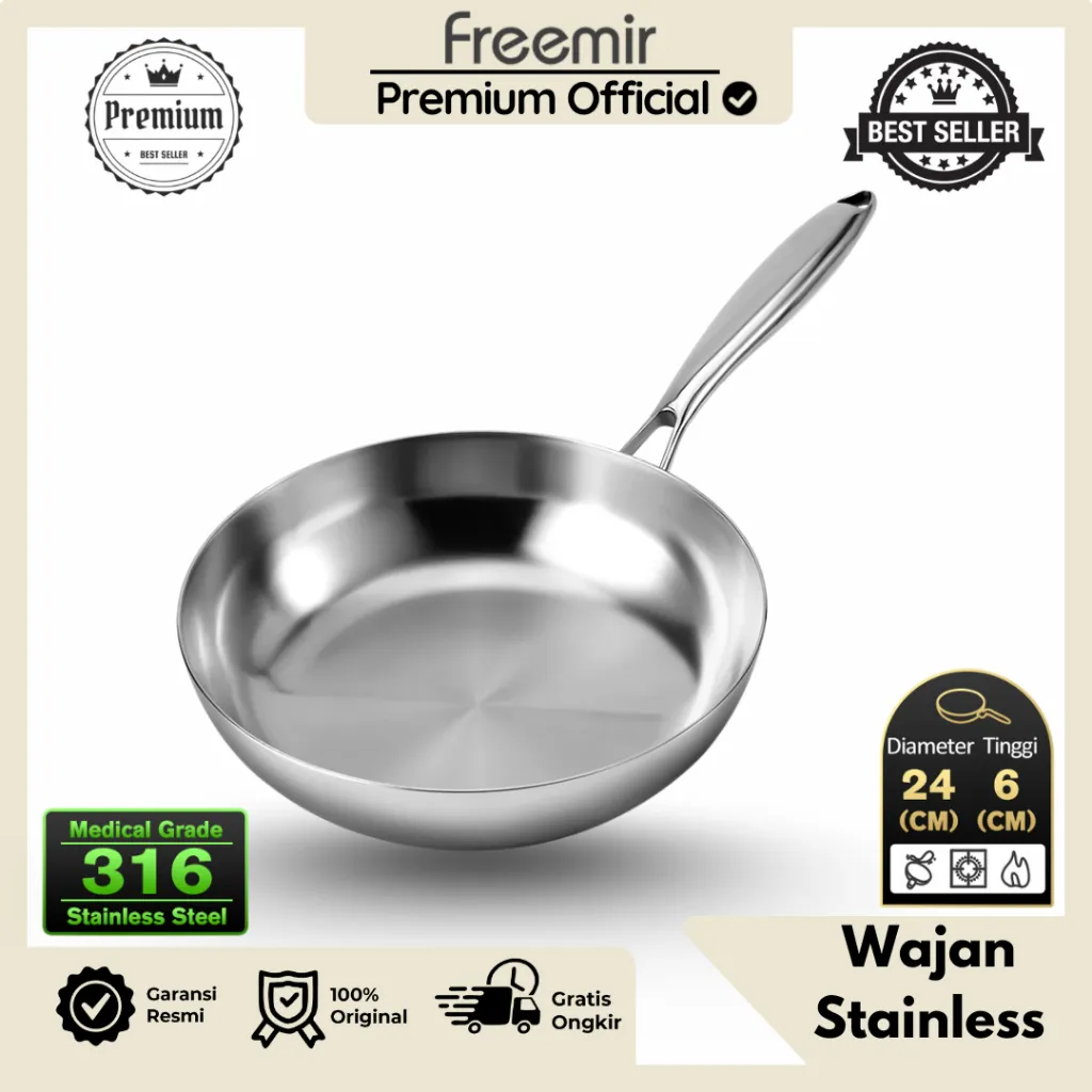 [PREMIUM INSTANT] Wajan Stainless Steel 3 Lapis 24cm Anti Karat & Tahan Lama 316 Masak Sehat
