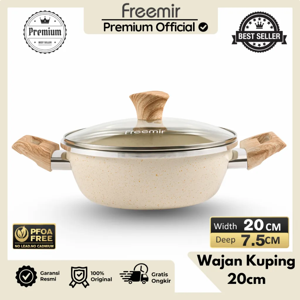 [PREMIUM] freemir Premium 20 Cm Wajan Panci Lapisan Marble Granit Anti Lengket Tutup Kaca Original