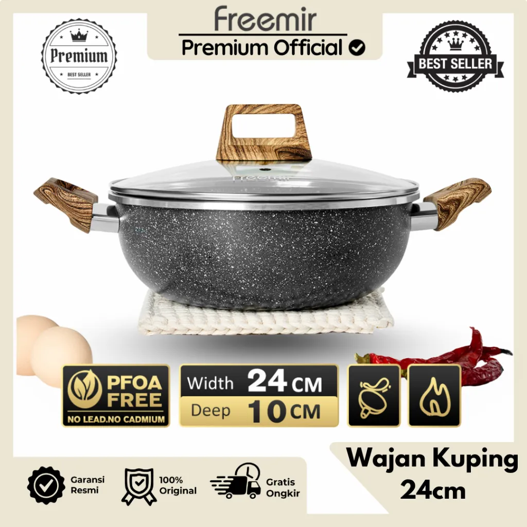 [PREMIUM] freemir Wajan Panci 24cm Tinggi 7.5cm/10cm Anti lengket Wajan Panci Hitam Serbaguna