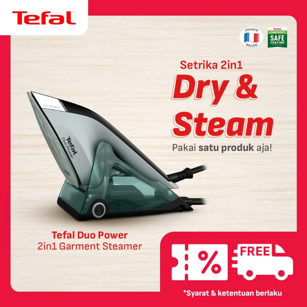 TERLARIS - Tefal Setrika Uap 2in 1 Duo Power Gratis Alas Setrika / Setrika Kering / Steam Iron Garansi 1 Tahun