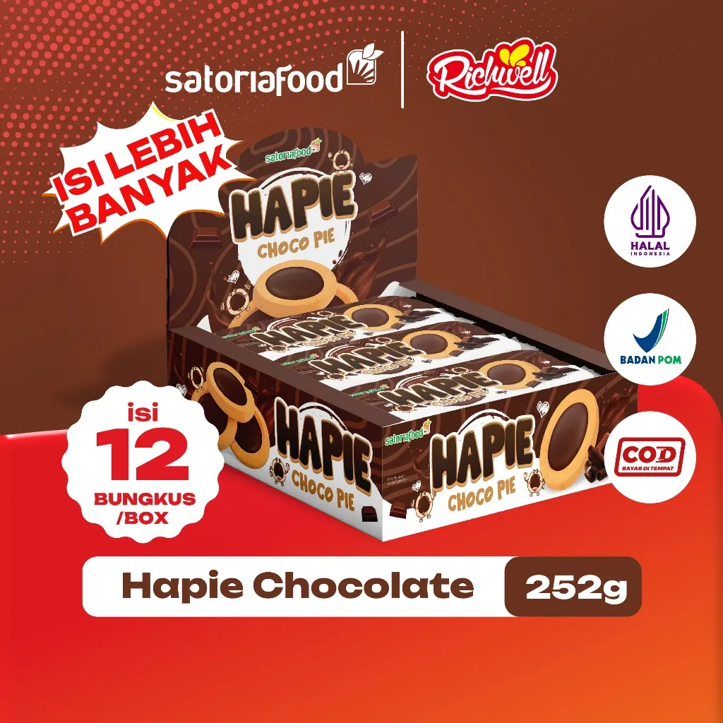 SatoriaFood - Richwell Hapie Chocolate Cookies 252gr Biscuit | Snack Cemilan Pie Kukis Rasa Coklat Isi 12 bungkus