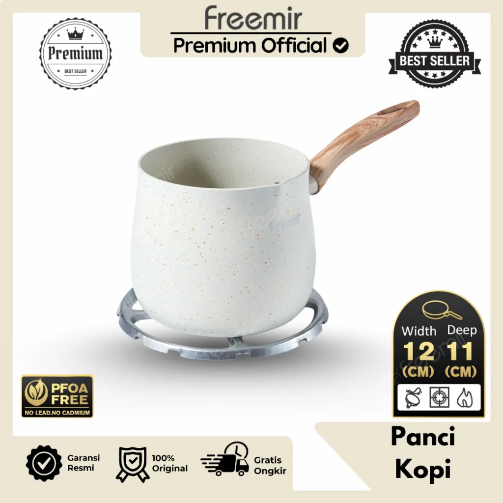 [PREMIUM] freemir Panci Gemoy Mini Susu Beige Granite 1.2L Gagang Kayu 12cm Anti Lengket Panci Kopi