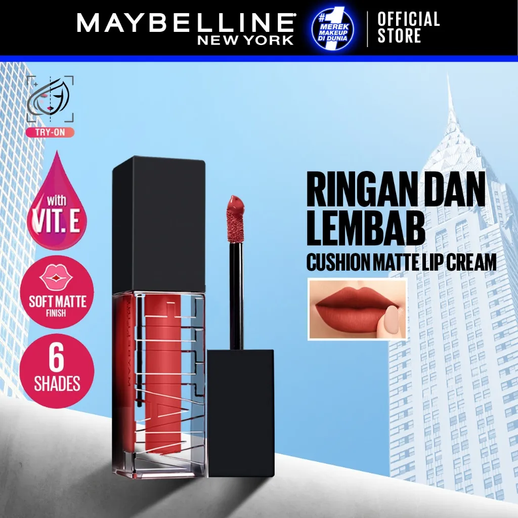 MAYBELLINE OFFICIAL Sensational Cushion Matte Liquid Lipstick Make Up - 48gr (Lipstick Cair Dengan Vitamin E Yang Melembabkan Bibir)