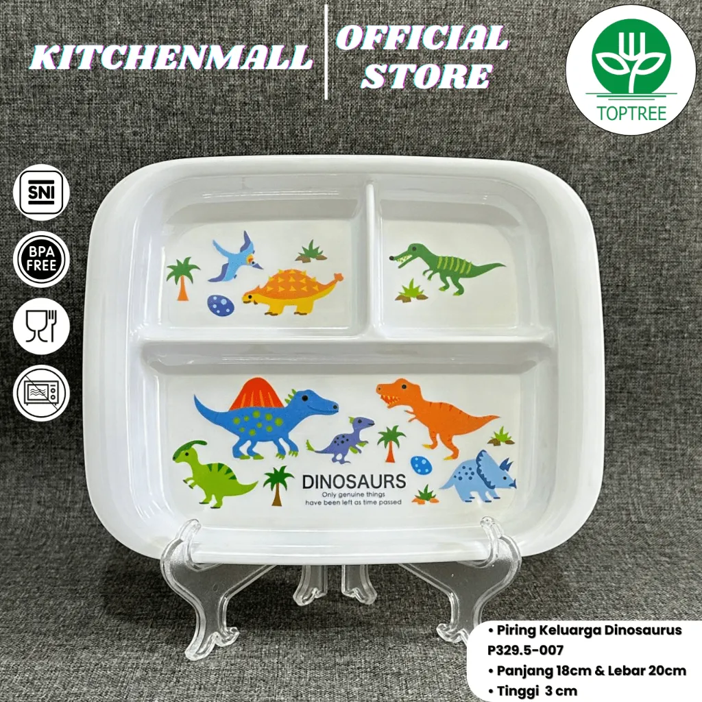 TOPTREE Piring Makan Anak Melamin 9 Inch Sekat Karakter Dinosaurus - Type P3209.5