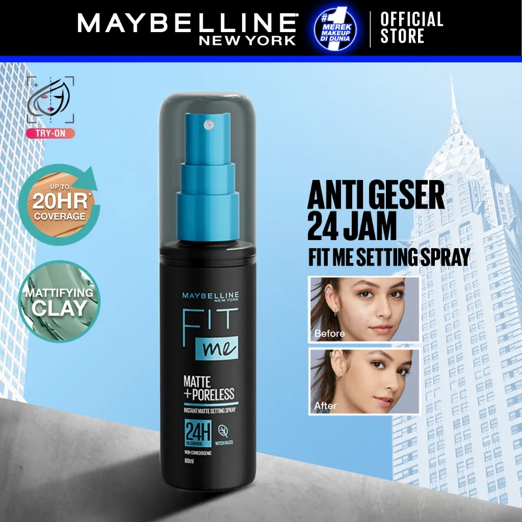 MAYBELLINE OFFICIAL Fit Me Setting Spray Make Up - 60ml (Makeup tahan hingga 24 jam dan tidak menimbulkan jerawat, walau pakai makeup dan masker seharian)