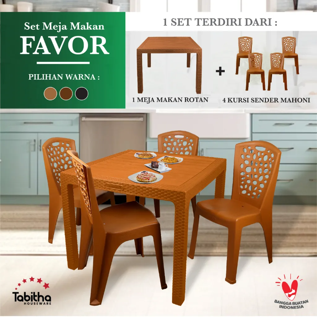 Tabitha [Cargo] Paket Meja Cafe / Restoran / Meja Makan Plastik dan Kursi Outdoor Motif Rotan