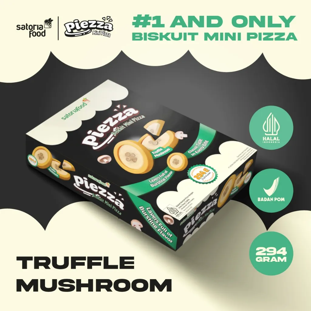 SatoriaFood - Snack Piezza Truffle Mushroom 294gr ( 21gr x 14packs ) & 252gr (21gr x 12packs) | Biskuit Cemilan Pie Mini Rasa Pizza Truffle Mushroom