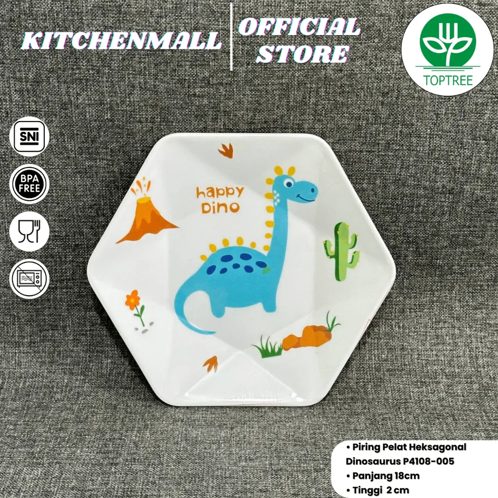 TOPTREE Piring Makan Anak Melamin 8 Inch Karakter Dinosaurus - Type P4108