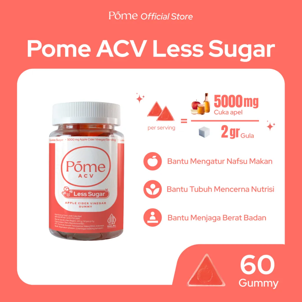 Pome ACV Less Sugar - Gummy Cuka Apel Apple Cider Vinegar Suplemen Diet Vegan Detox