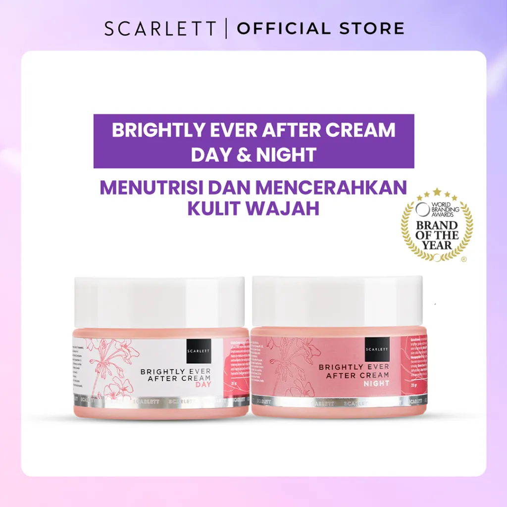 SCARLETT Combo Brightly Ever After Cream - Moisturizer Mencerahkan Wajah Melebapkan Wajah Brightening & Hydration Menghilangkan Bekas Jerawat Krim Pagi dan Malam ( Day Cream & Night Cream )