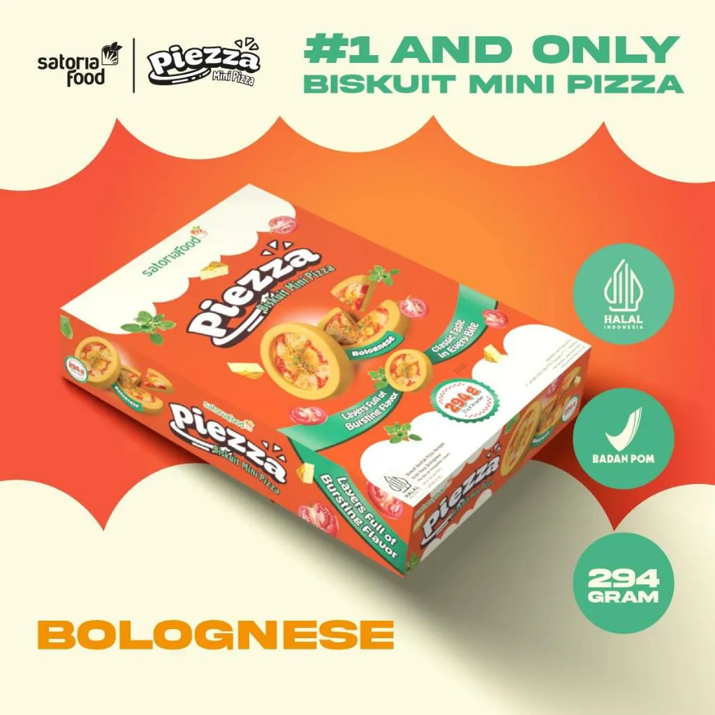 SatoriaFood - Piezza Snack Mini Pizza Isi 14 Bungkus & Isi 12 Bungkus | Biskuit Gurih Renyah Rasa Pizza Bolognese | Cemilan Anak & Dewasa | Halal BPOM | Beli 2 Bonus Tester Pack