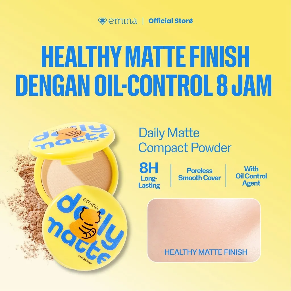 Emina Daily Matte Compact Powder x Muzik Tigerr 11 g - Bedak Padat Matte Finish & Oil Control Tahan Sampai 8 Jam