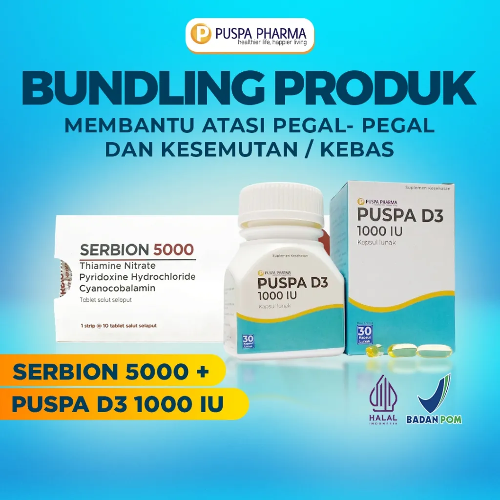Bundling Produk Serbion (1 Strip) + Puspa D3 1000 (1 Botol) - Membantu atasi pegal - pegal dan Kesemutan / Kebas