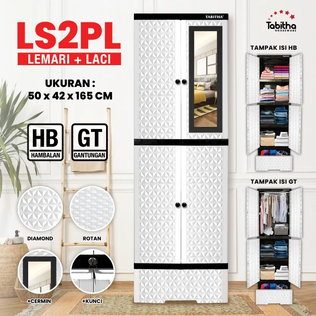 Tabitha Lemari Pakaian Plastik Dengan Laci Lemari 2 Pintu Serbaguna - LS2PL Series