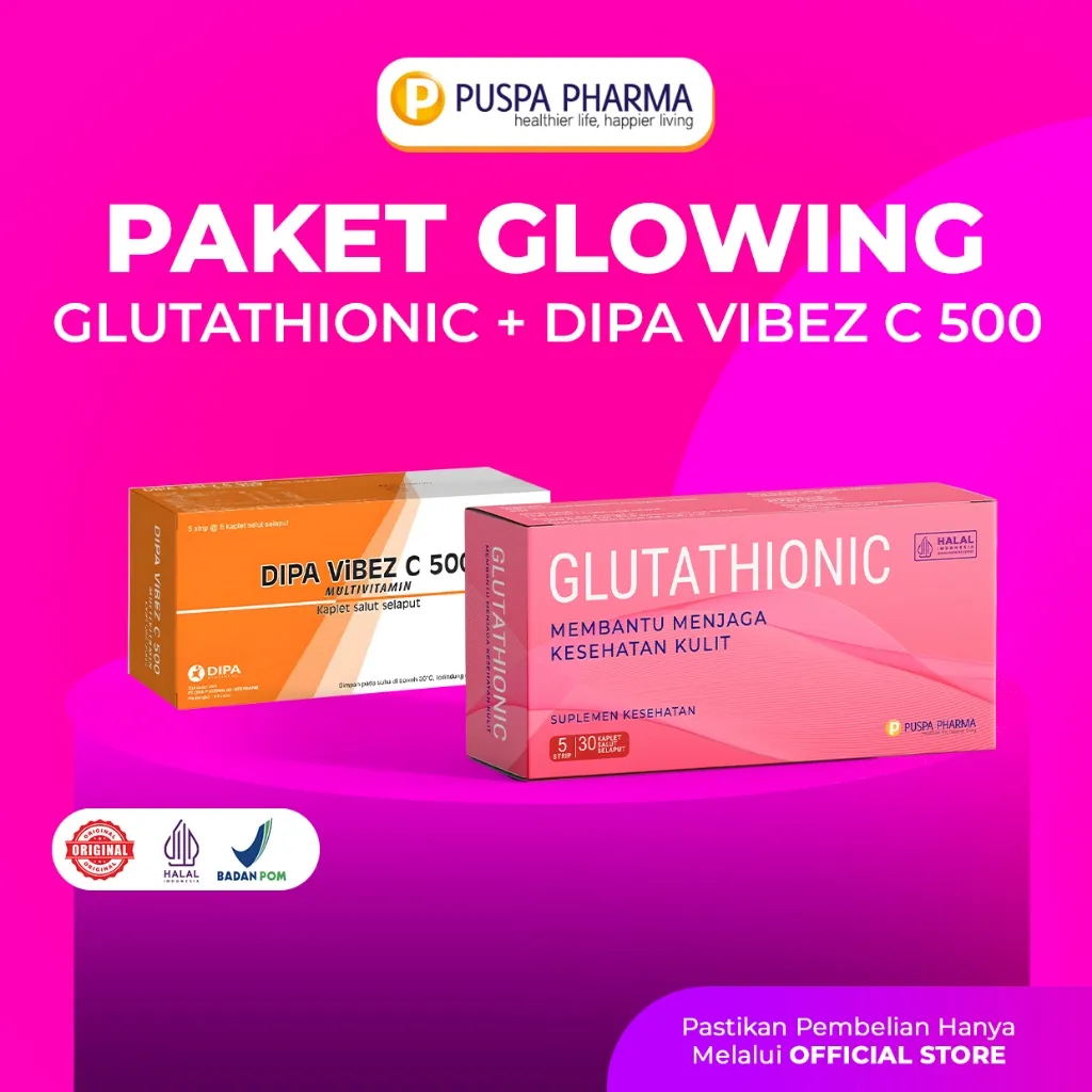 Paket Glowing Skin - Glutathionic + Vibez C500 @ 1 Box - Suplemen Pemutih kulit - isi @30 caplet/Box