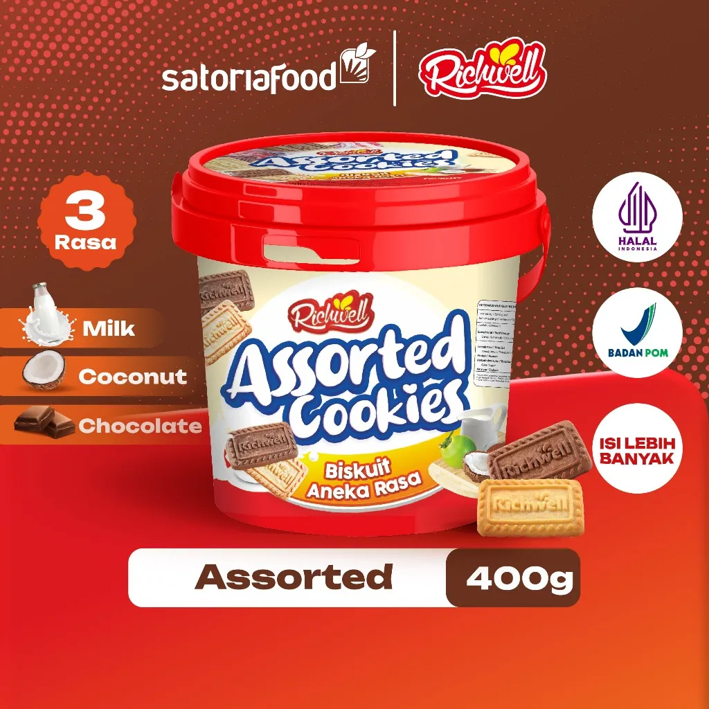 SatoriaFood - Richwell Cookies Assorted 400g |  Cemilan Snack Biskuit Rasa Coklat, Kelapa, Susu, kemasan Bucket/ Timba