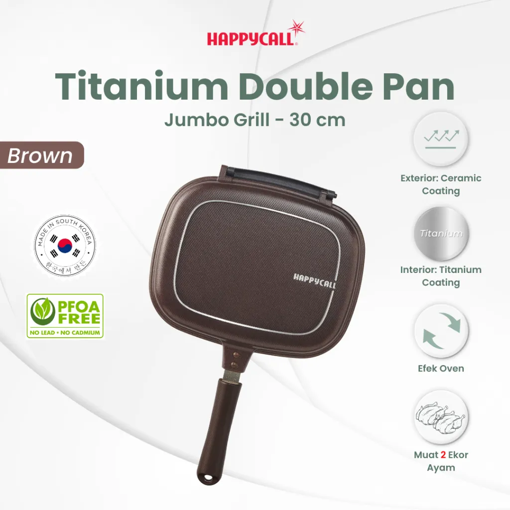 Happycall Titanium Double Pan Jumbo Grill Brown 30 cm - Alat Pemanggang Dua Sisi