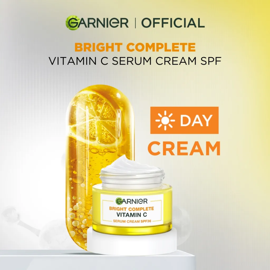 GARNIER Bright Complete Vitamin C Brightening Serum Day Cream Krim Mencerahkan SPF 36 PA +++ 50 ml Moisturizer Tone Up Glowing Skincare - Krim Siang pelembab wajah pemutih wajah