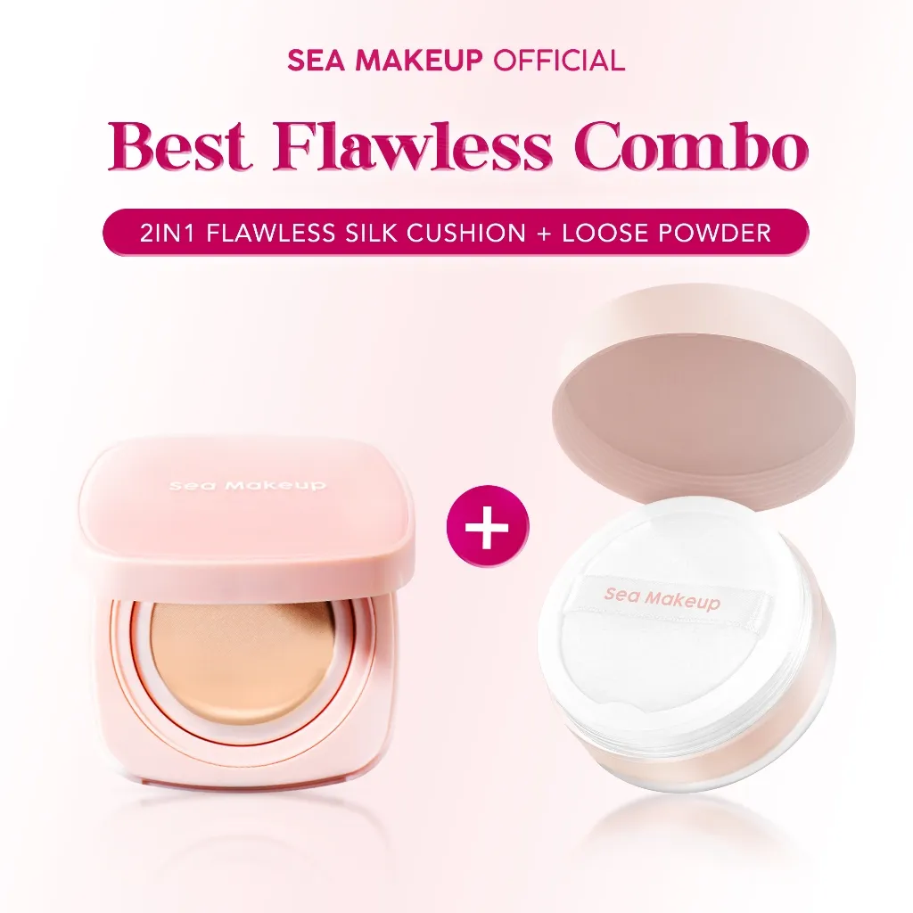 Sea Makeup Best Flawless Combo 2in1 Fix and Flawless Silk Cushion + Acne Blur & Set Loose Powder - bundle combo