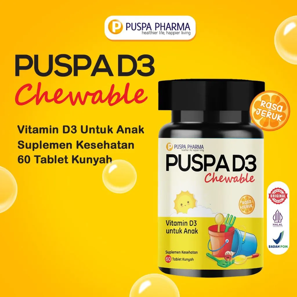 Puspa D3 Chewable 400 IU - Tablet Kunyah Rasa Jeruk - Memenuhi kebutuhan Vitamin D3 & tumbuh kembang tulang anak - SUDAH BPOM DAN HALAL - Isi 60 Tablet Kunyah